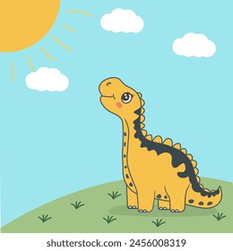 Summer Solstice design concept. Cute dinosaur looking at the sun. Poster, web gizvrain, greeting card, print, textile
