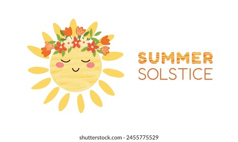 Summer solstice horizontal card with cute sun character with flower wreath on his head on white background. Festive template for banner, background, poster, post