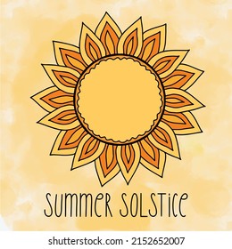 Summer Solstice June 21. Longest day of the year. Vector illustration with stylized sun, text and watercolor textured yellow sunset sky background. banner, poster, greeting card design