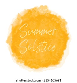 Sommersonne 21. Juni. Der längste Tag des Jahres. Vektorgrafik mit Aquarell strukturierter gelber Sonnenuntergang, orangegelber Himmelshintergrund. Banner, Poster, Grußkartendesign-Vorlage.