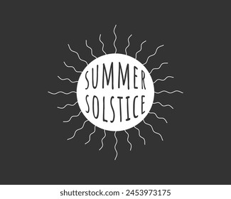 Summer solstice logo. Longest day of the year holiday logotype concept. Linear sun with inscription. Vector eps symbol