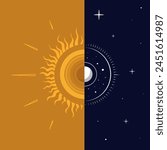 Summer Solstice. Longest day of the year. Sunny day and a night divided in half. Simple elements. Astronomical phenomenon concept for background, card, poster, celebrations.