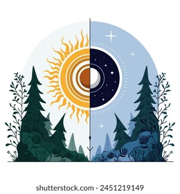 Sommersonnenwende. Der längste Tag des Jahres. Einfache Elemente wie Wald, Mond, Sonne. Sonniger Tag und eine Nacht in zwei Hälften geteilt. Astronomisches Phänomen Konzept für Hintergrund, Karte, Poster, Feiern.