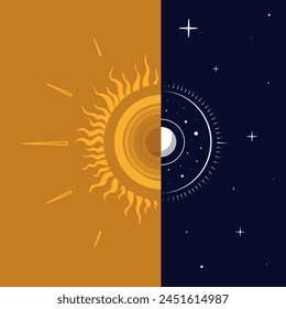 Summer Solstice. Longest day of the year. Sunny day and a night divided in half. Simple elements. Astronomical phenomenon concept for background, card, poster, celebrations.