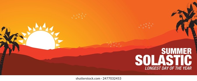 Sommersonnenwende. Der längste Tag des Jahres. Sommersonnenwende-Vorlage Banner Design, Poster, Typografie, Social Media Post. Design Hintergrund, Karte, Vektorillustration.