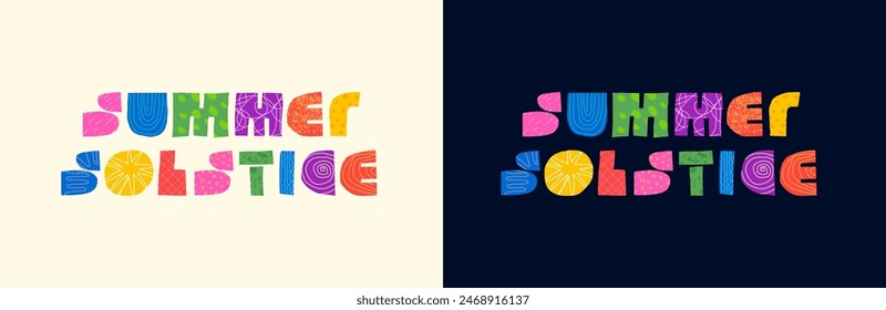 Summer solstice party abstract decorative inscription concept. Modern colorful graphic shapes letters for midsummer event. Summertime sun equinox trendy creative logo. Sunny bright typography badge