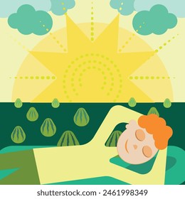 summer solstice, person lying under the sun, with clouds and happy colors