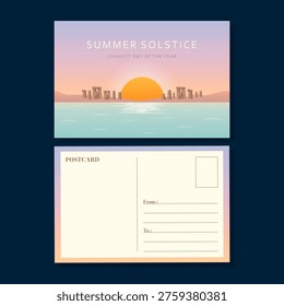 Summer solstice postcard design with ancient stone circle vector illustration.