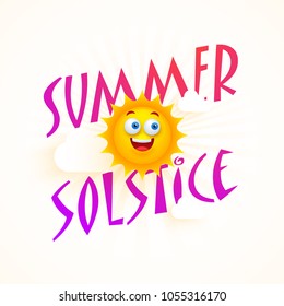 Afiche del solsticio de verano, o diseño de pancartas con un sol feliz.