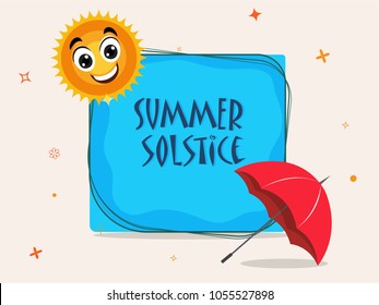Afiche del solsticio de verano, o diseño de pancartas con un sol feliz, y paraguas.