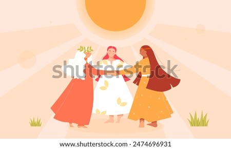  Summer solstice. Round dance. The longest day. Girls in dresses dance in circles