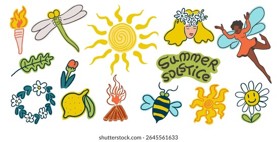 summer solstice set hand in drawn style in vector. elements for decor postcard design print sticker poster background