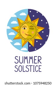 Summer solstice. Smiling sun and sleeping moon in the circle of day and night sky on white background. Vector illustration.