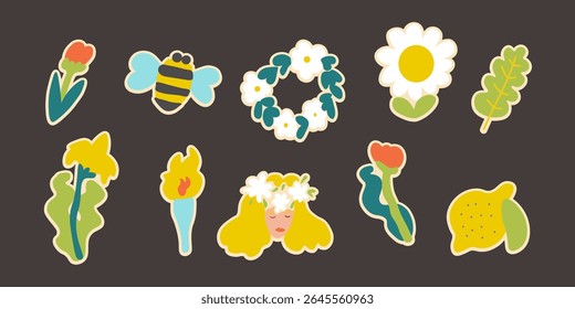 verão solstício adesivo definido em estilo desenhado à mão em vetor. elementos para decoração design postal impressão adesivo poster fundo