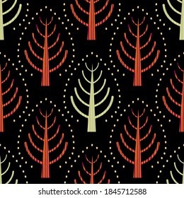 Summer solstice trees folk art seamless vector pattern background. Modern Scandinavian forest red green motifs on black backdrop. Hand drawn stylized textured geometric damask style all over print.