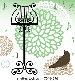 pájaro de la canción de verano con notas musicales y soporte musical