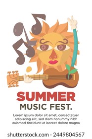 summer sound. abstract sun mascot playing guitar. summer music festival template poster vector illustration