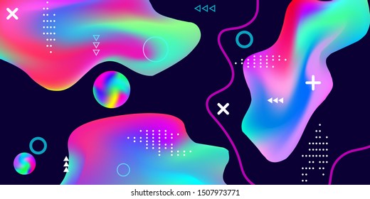 Summer sound poster design of a music festival. Bright smooth mesh is blurred by a futuristic pattern in pink, blue, green, yellow, purple tones. Gradients waves music background.