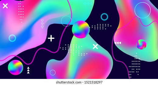 Summer sound poster design of a music festival. Bright smooth mesh is blurred by a futuristic pattern in pink, blue, green, yellow, purple tones. Gradients waves music background.