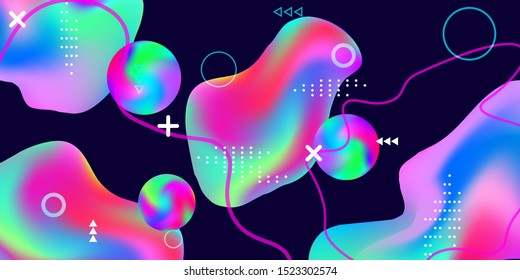 Summer sound poster design of a music festival. Bright smooth mesh is blurred by a futuristic pattern in pink, blue, green, yellow, purple tones. Gradients waves music background.