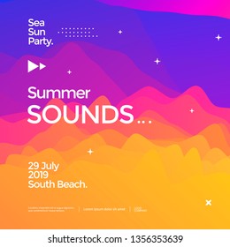 Summer sounds electronic music fest poster design. Fluid color banner. Dynamic gradients waves background.