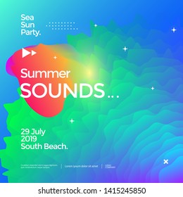 Summer sounds electronic music fest poster design. Fluid color banner. Dynamic gradients waves background. Summer sounds electronic music fest poster design. Fluid color banner. Dynamic gradients waves background.