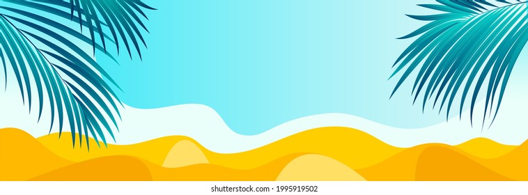 Summer south background sand sky and palm leaves. Editable mockup abstract background bright wave. Vector template banner post for social media, blog, sale, site, mobile app.
