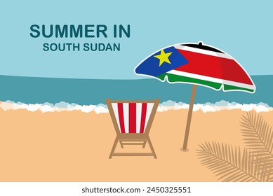 Summer in South Sudan, beach chair and umbrella, vacation or holiday in South Sudan, vacation concept vector design, summer holiday, sea sand sun, travel and tourism idea