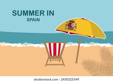 Summer in Spain, beach chair and umbrella, vacation or holiday in Spain, vacation concept vector design, summer holiday, sea sand sun, travel and tourism idea
