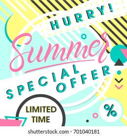 Summer special offer banner. Hand drawn lettering summer with geometric elements in memphis style. Sale season card perfect for prints, flyers, banners, promotion, special offer and more.