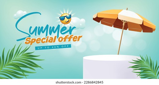 summer special offer banner template with product podium under parasol and palm leafs