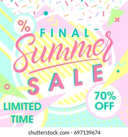 Summer special offer banner.Hand drawn lettering summer with geometric elements in memphis style. Sale season card perfect for prints, flyers, banners, promotion,special offer and more.