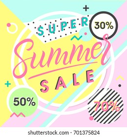 Summer special offer banner.Hand drawn lettering summer with geometric elements in memphis style. Sale season card perfect for prints, flyers,banners, promotion,special offer and more.