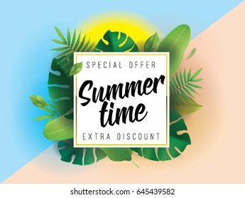 Summer, special offer, extra discount. Vector background with typography for posters and banners. Illustration with tropical leaves and sun.