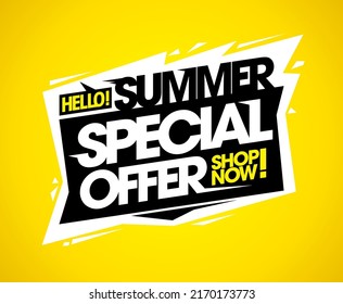 Summer special offer, shop now, sale vector web banner, poster of flyer mockup for summer sale