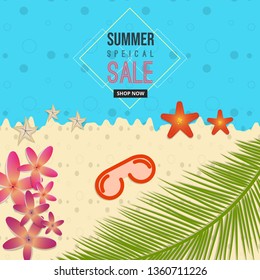 Summer special sale sea beach background with flower, sun-glass, starfish, coconut tree elements. Vector Illustration