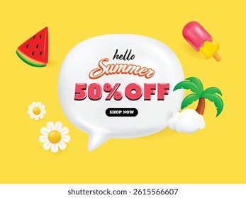 Summer speech bubble 3d icons. 50 percent discount offer tag. Sale price promo sign. Special offer symbol. Discount chat offer.