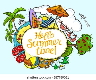 Summer speech bubble with Hello summer time lettering. Background with summer tropical beach and travel objects. Vector illustration with cruise liner, island, beach chair, umbrella,  summer landscape