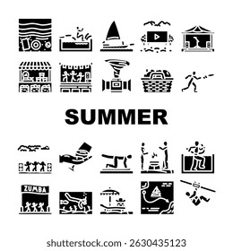 summer spend time beach icons set vector. vacation travel, sunbathing, swimming hiking, camping picnic, barbecue, surfing summer spend time beach glyph pictogram Illustrations