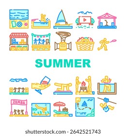 summer spend time beach icons set vector. vacation travel, sunbathing, swimming hiking, camping picnic, barbecue, surfing summer spend time beach color line illustrations