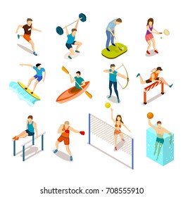 Summer sport activities as athletics, playing golf or tennis, water surfing and canoe swimming, archery and water polo gaming vector illustrations on white