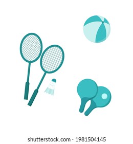 Summer sport activities – badminton, ping-pong, volleyball.  Trendy vector flat icon, isolated on white. Design for web and print. Summer, sport life concept