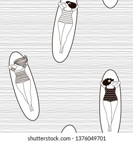 Summer sport activities illustration. Surfer girls sunbathing on surf puddle boards seamless pattern. Adult coloring book page.
