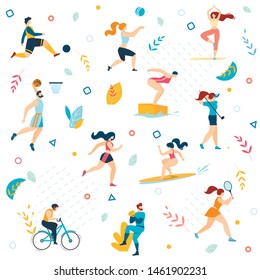 Summer Sport Activities Seamless Pattern. Men Women Sportsmen Workout. Swimming, Basketball, Biking, Athletics, Gymnastics Exercises, Surfing, Golf, Weightlifting. Cartoon Flat Vector Illustration