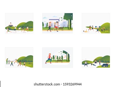 Summer sport activities set. People enjoying fitness in park, doing yoga, skateboarding. Flat vector illustrations. Active lifestyle concept for banner, website design or landing web page