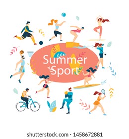 Summer Sport Activities Set. Sportsmen, Sportswomen Characters Workout. Swimming, Basketball, Biking, Athletics, Gymnastics Exercises, Surfing, Golf, Baseball, Tennis. Cartoon Flat Vector Illustration