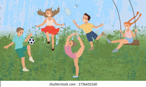 Summer sport activity. The boy plays with the ball, gymnast, a girl on a swing, tennis and jumping rope, children play in the park. Vector illustration