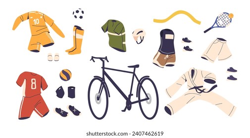 Summer Sport Athlete Items Set. Sports Equipment, Apparel, Footwear, Moisture-wicking Accessories And A Durable Helmet