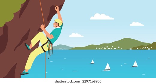 Summer sport background with rock climbing symbols flat vector illustration