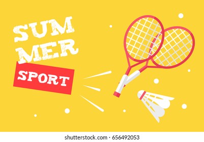 Summer sport banner with badminton rackets and shuttlecock. Flat style. Vector background.